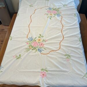 Vintage Hand Crafted Cross Stitch Tablecloth  65” x 49”